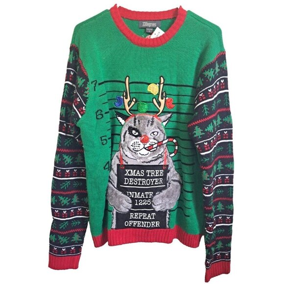 33 Degrees L Ugly Christmas Sweater Cat Mug Shot Long Sleeve Pullover New w/Tags - Picture 1 of 10